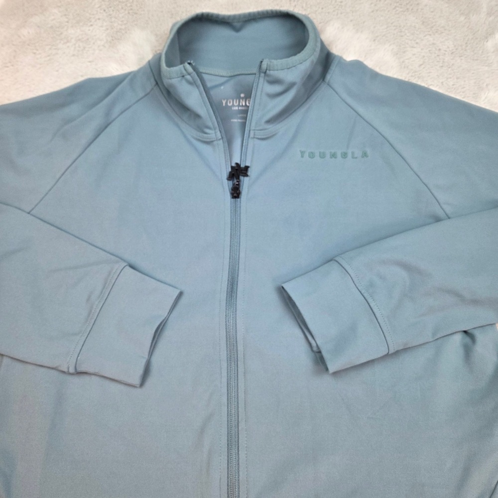 YoungLA Full Zip Track Jacket Mens L Raglan Sleeve Mock Neck Athletic Blue Grey